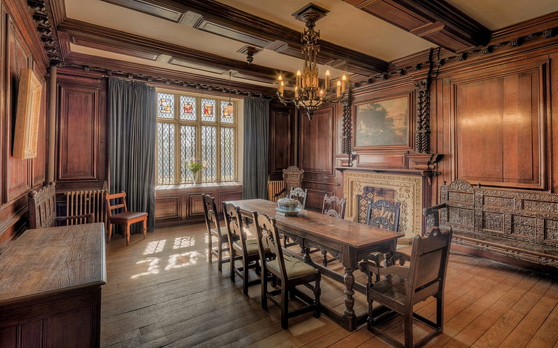 Dinning Room in Turton Tower, mansion, interior, dinning room, English, wooden, HD wallpaper