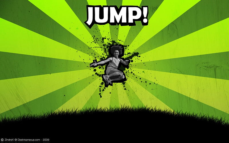 Jump!, limegreeen, stroke, grass, guy, gray, splatter, black, man, boy, grunge, green, splat, afro, jump, white, hill, HD wallpaper