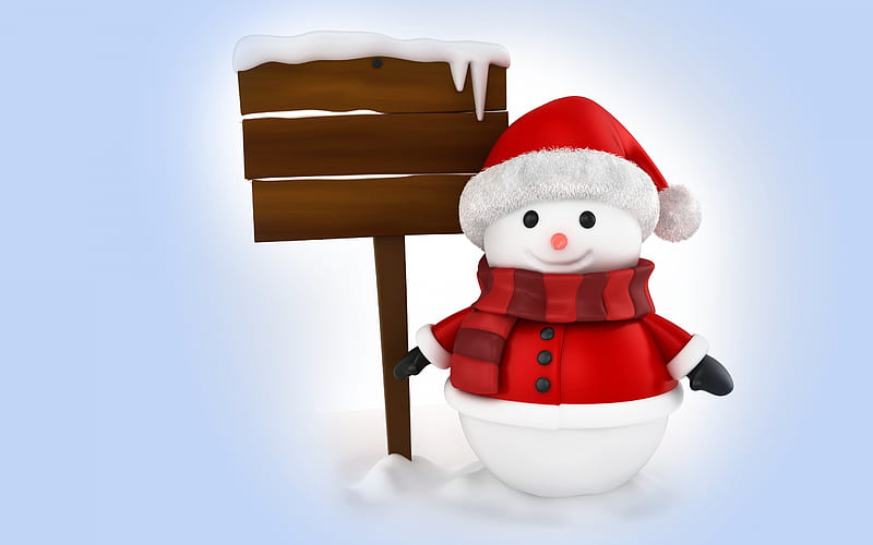 3d snowman, winter, snowmen, snow, wooden index, HD wallpaper