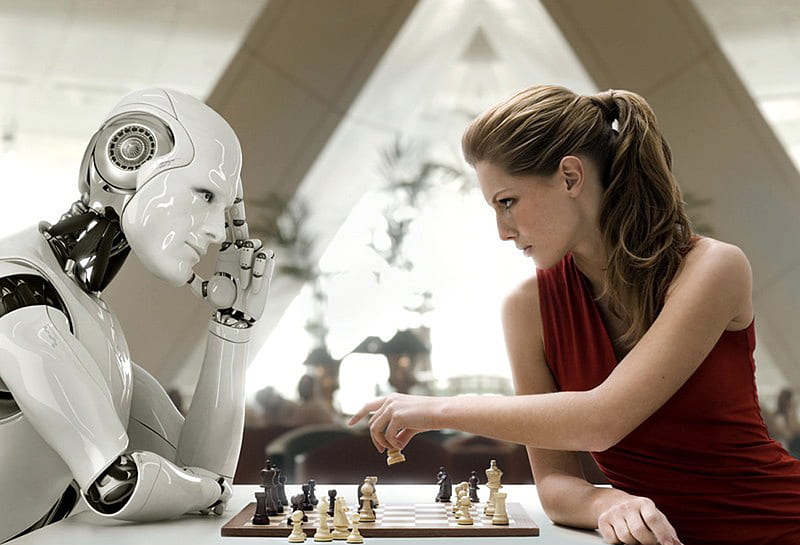 playing chess with robot, girl, cg, white, abstract, robot, chess, HD wallpaper