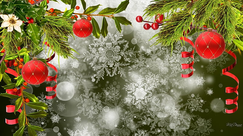 Holiday Blessing, Christmas, ribbon, holly, winter, red ornaments, pine, snow, berries, snowflakes, fir, HD wallpaper