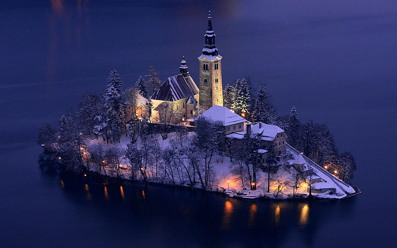 Church On Bled Island, Slovenia, architecture, isolated, ocean, surrounde, Slovenia, sea, water, medieval, snow, Church, Bled Island, island, HD wallpaper