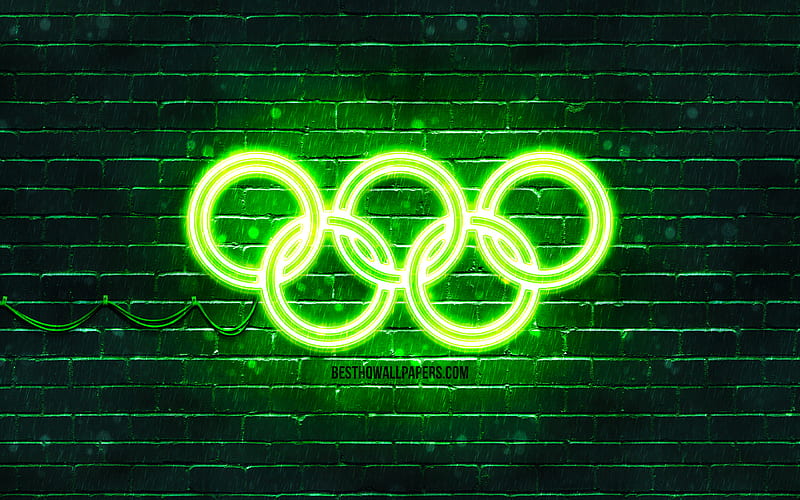 Green Olympic Rings green brickwall, Olympic rings sign, olympic symbols, Neon Olympic rings, Olympic rings, HD wallpaper