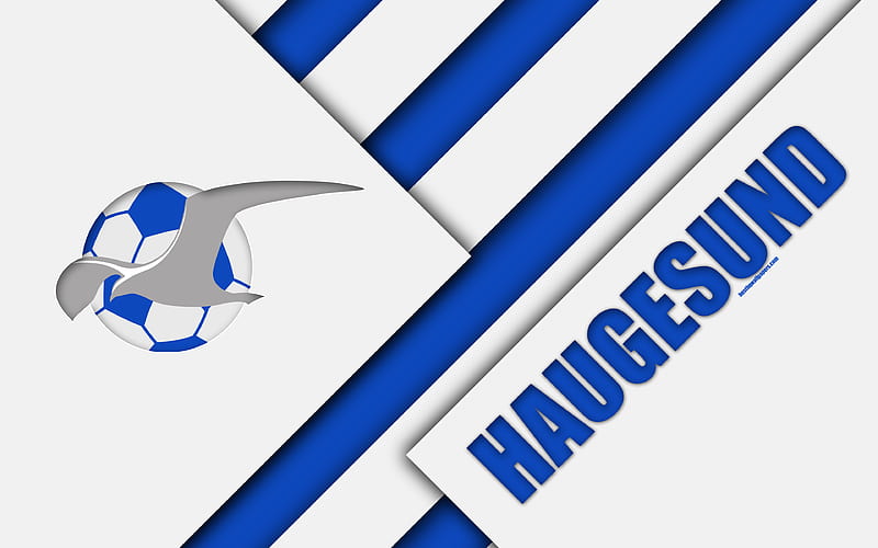 FK Haugesund logo, material design, Norwegian football club, emblem, blue-white abstraction, Eliteserien, Haugesund, Norway, football, geometric background, Haugesund FC, HD wallpaper