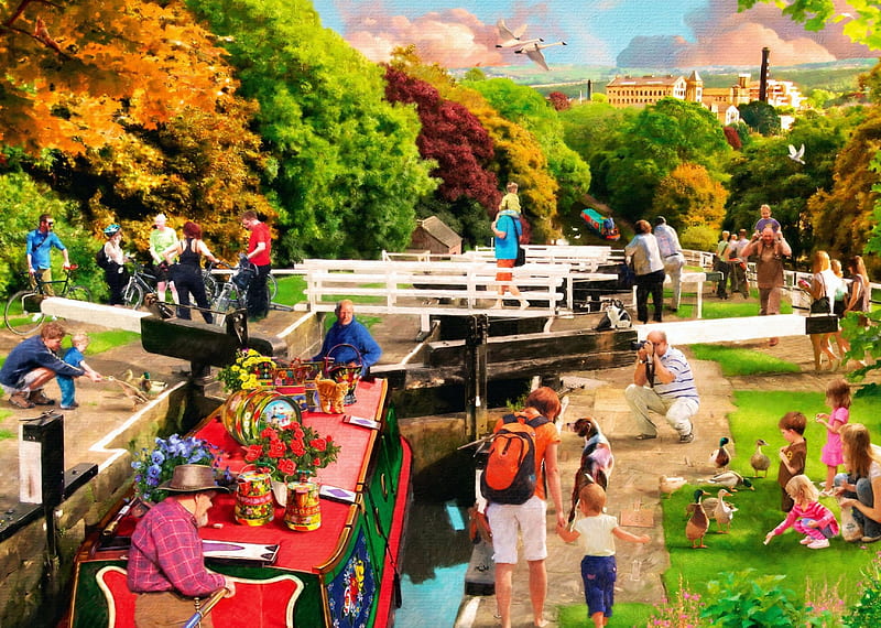 At the Canal, boat, people, painting, nature, trees, artwork, HD wallpaper