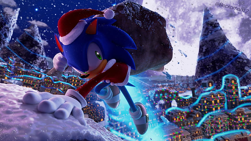 Sonic, Sonic the Hedgehog, Bag, Christmas, Green Eyes, Santa Hat, Snow, HD wallpaper