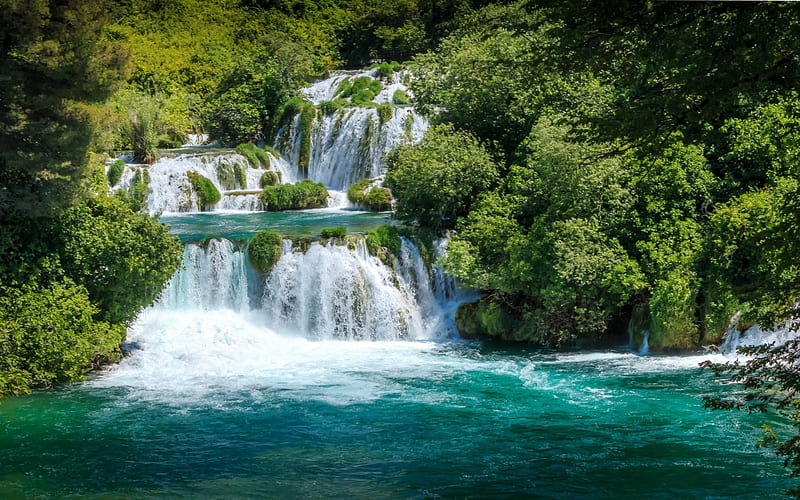 Waterfall, forest, lake, Plitvice Lakes, Croatia, HD wallpaper