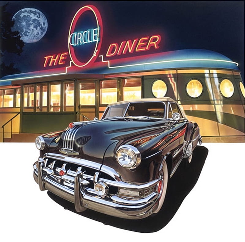 Pontiac Chieftain '50 at The Circle Diner, usa, car, painting, american, diner, vintage, HD wallpaper