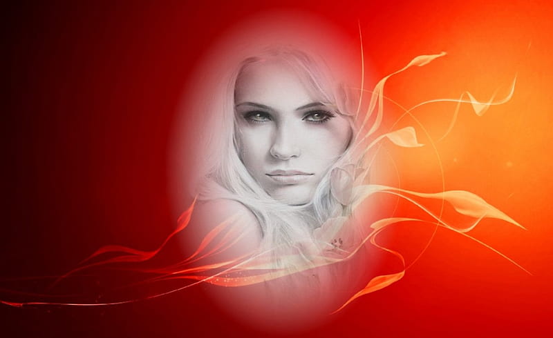 The Look of Love, red, fire, blond, love, collage, HD wallpaper