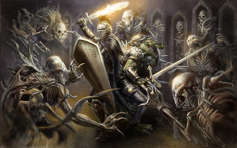 Medieval, armor, art, crocodile skeletons, fire, helmet, knight, shield, sword, weapon, HD wallpaper