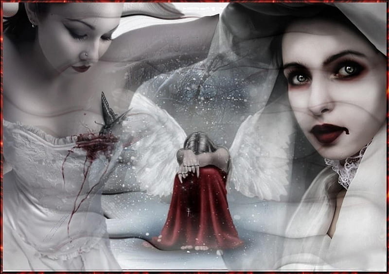 FALLEN ANGEL, red, female, wings, gothic, angel, white, blood, HD wallpaper