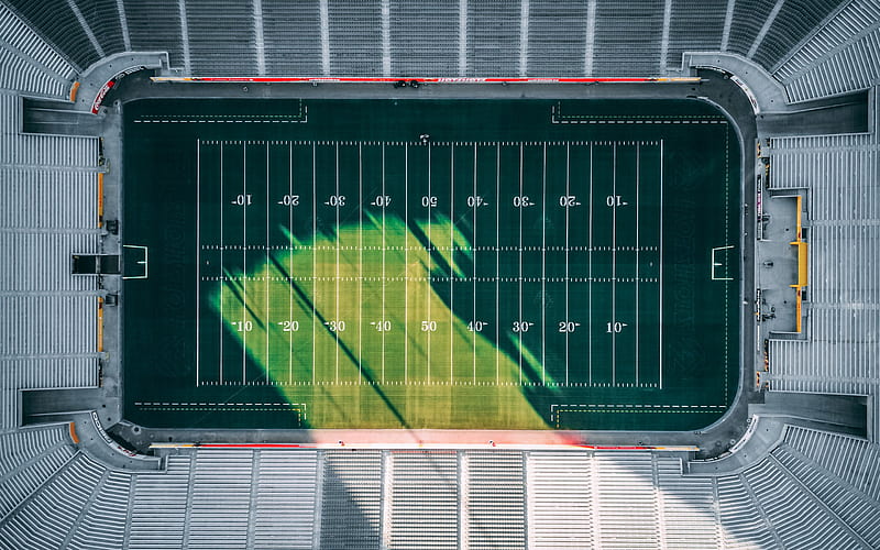 American football field, view from above, top view, American football, stadium, American football field markings, HD wallpaper