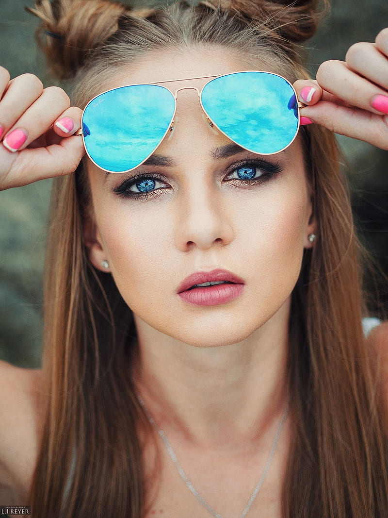 Evgeny Freyer, women, brunette, long hair, straight hair, hairbun, pigtails, painted nails, long nails, pink nails, sunglasses, reflection, sky, blue eyes, jewelry, earring, necklace, depth of field, looking at viewer, make up, eyeshadow, eyeliner, lipstick, open mouth, portrait, HD phone wallpaper