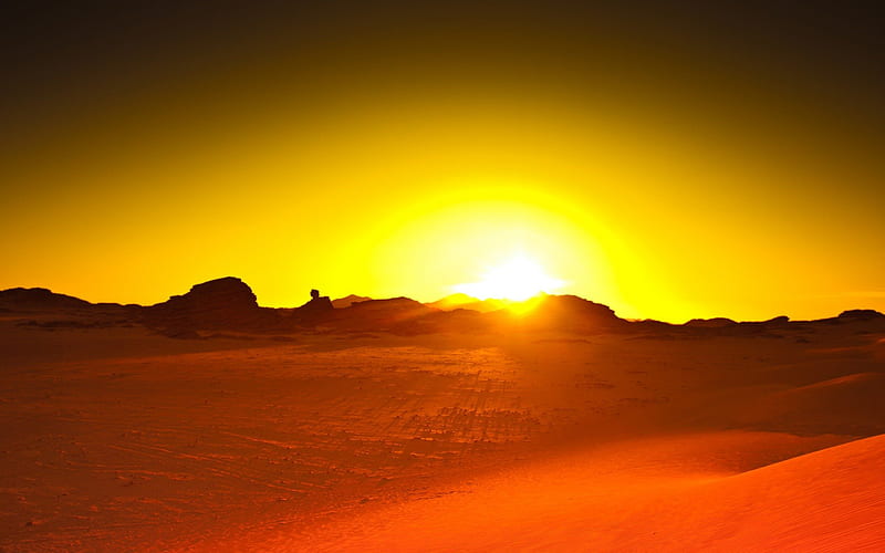Bright Desert Sunset, deserts, sunsets, bright, arid landscape, yellow, desolate, HD wallpaper