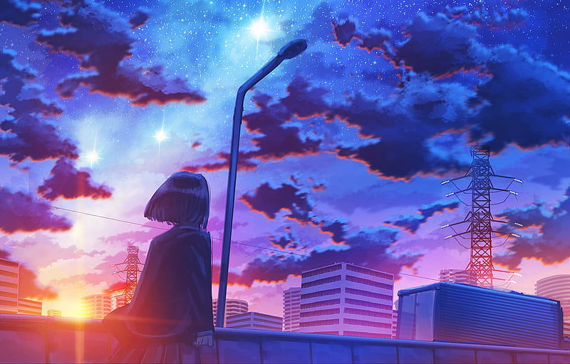 Anime, Original, City, Girl, Starry Sky, Sunset, HD wallpaper | Peakpx