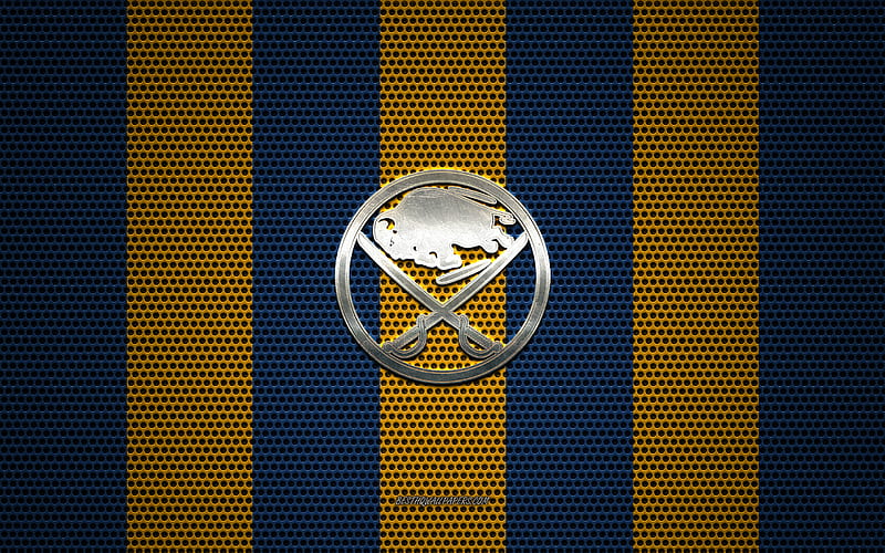 Buffalo Sabers logo, American hockey club, metal emblem, blue yellow metal mesh background, Buffalo Sabers, NHL, Buffalo, New York, USA, hockey, HD wallpaper