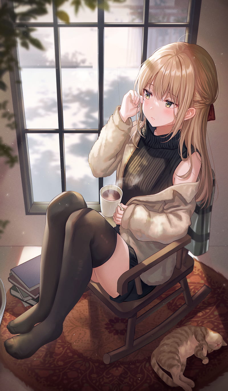 anime, anime girls, indoors, window, blonde, sitting, stockings, black stockings, cup, chair, cats, animals, mammals, legs, knees together, Tokkyu (artista), HD phone wallpaper