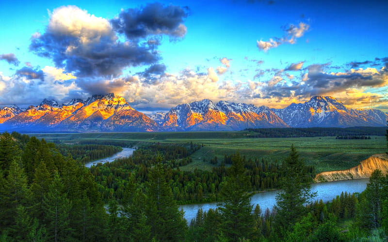 Snake River Sunrise, forest, bonito, clouds, valley, river, sunrise, Grand Teton National Park, field, mountain range, snowy peaks, HD wallpaper