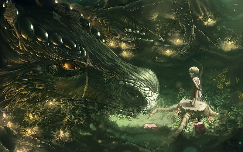 girl and dragon, forest, dragon, girl, stump, HD wallpaper