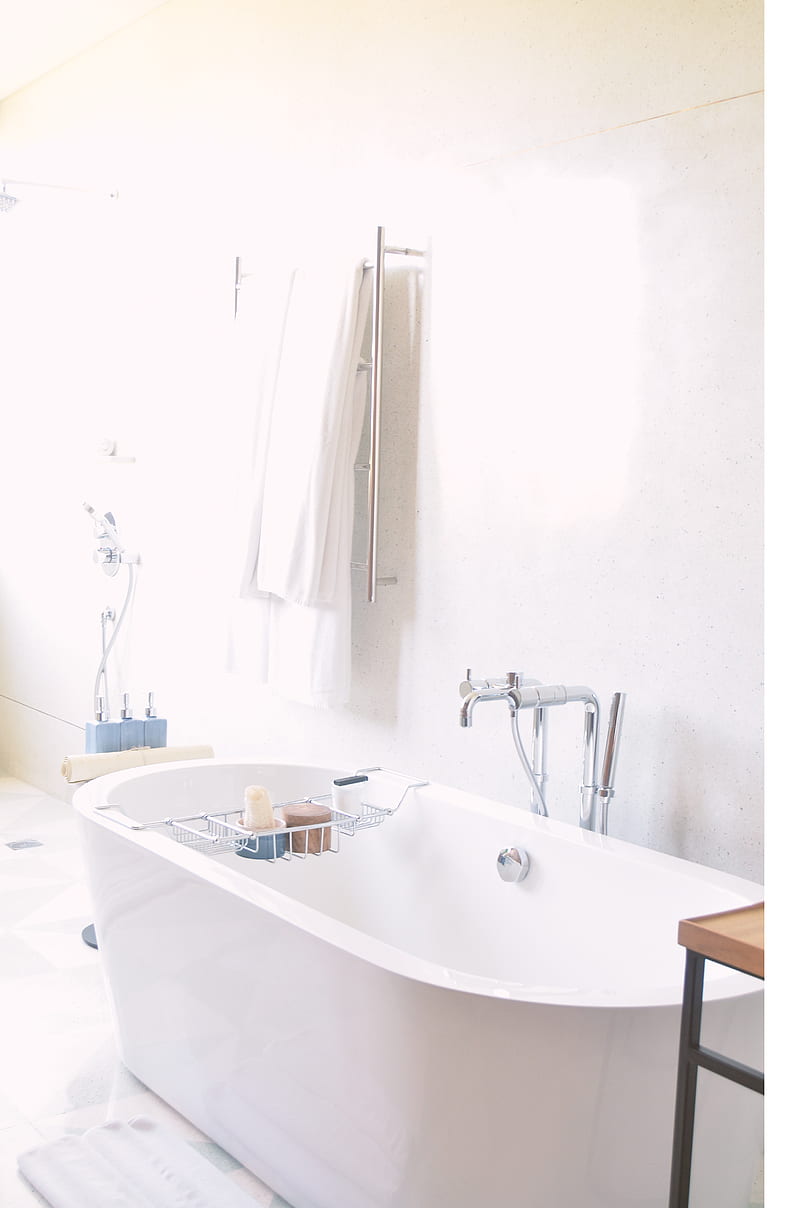 white drop-in bathtub near bath towel, HD phone wallpaper