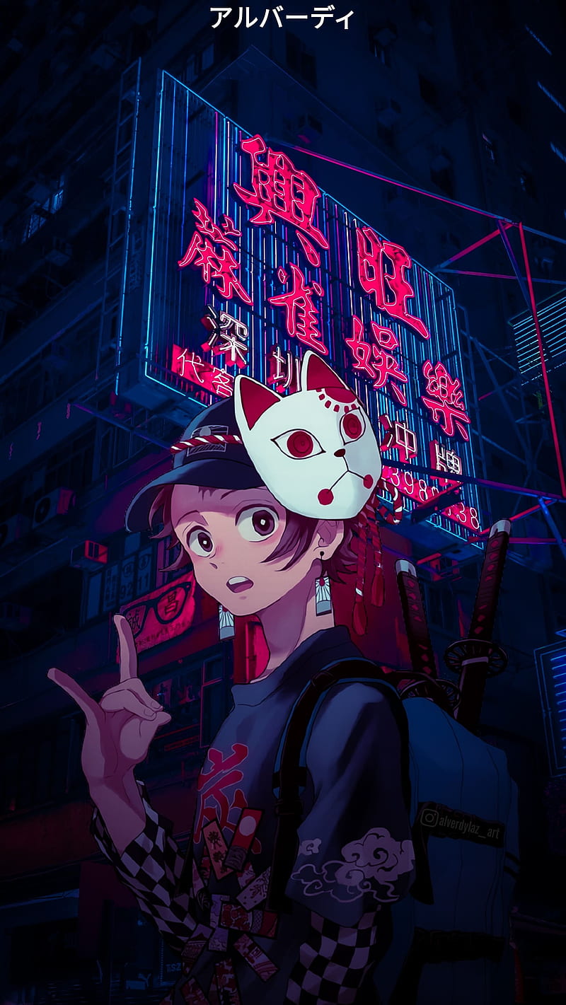King of Demons, tokyo, city, demon slayer, neon, anime aesthetic, night, tanjiro kamado, HD phone wallpaper