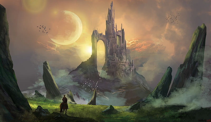 The Great tower of Horizon, fantasy, moon, moon, tower, ardorica, castle, ardoricart, world, art, luminos, HD wallpaper