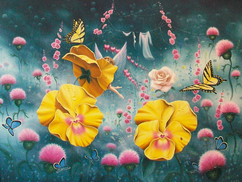 ✼Fairy with Laundry Day✼, pretty, charm, bonito, oil on canvas, sweet, fantasy, paintings, splendor, laundry, flowers, traditional art, fairy, animals, wings, lovely, angel, colors, love four seasons, butterflies, roses, cute, cool, flying, HD wallpaper