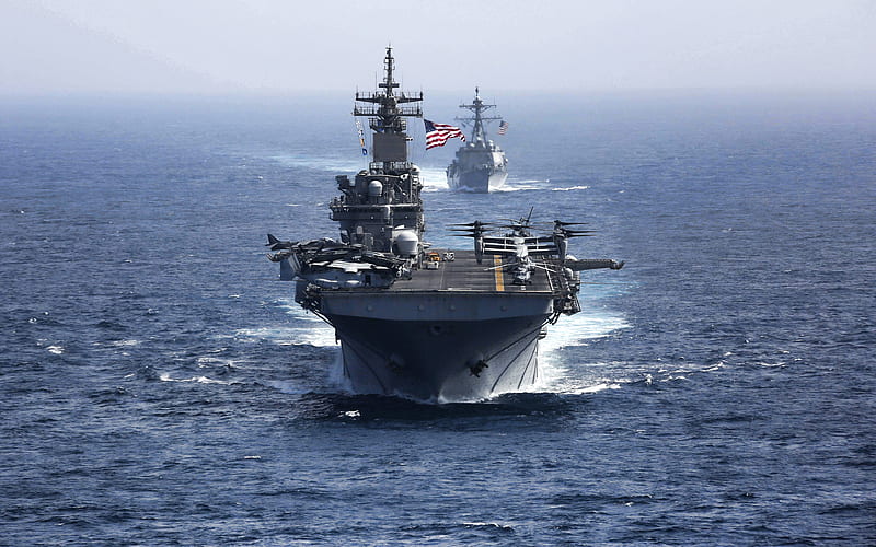 USS Kearsarge, L-3, US Navy, amphibious assault ship, Wasp-class, American warships, USA flag, USA, HD wallpaper