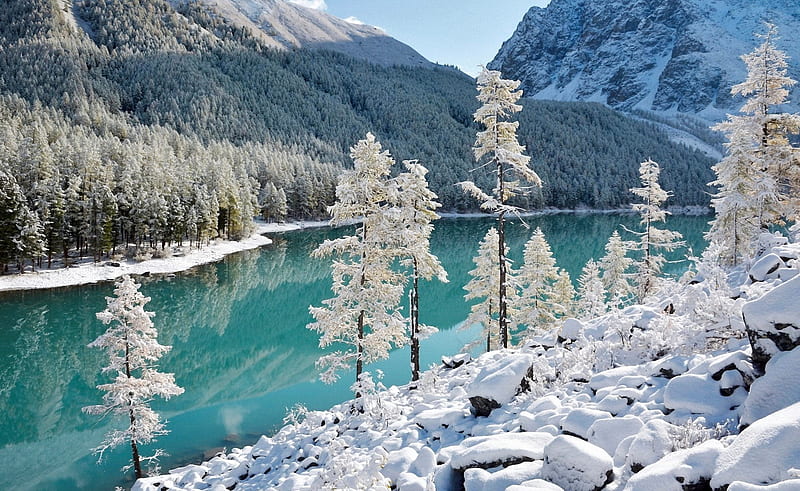 Shavlinskie lake, Altai, mountain, view, Altai, bonito, Rossia, reflection, lake, winter, snow, HD wallpaper
