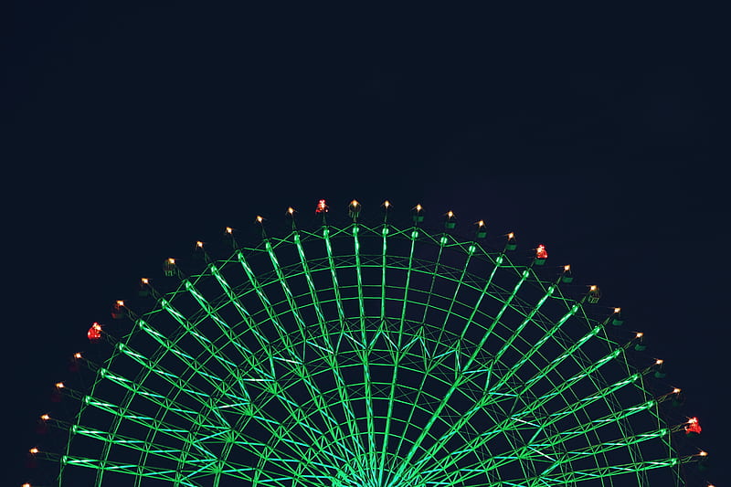 ferris wheel, attraction, backlight, green, night, HD wallpaper