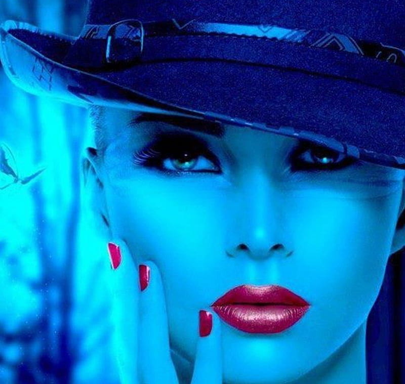 woman in blue, nail polish, red, lips, beautiful face, hat, HD wallpaper