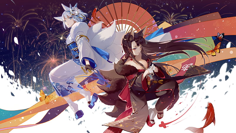 Akagi and Kaga, fox, girl, akagi, anime, manga, zhibuji loom, parasol, kaga, HD wallpaper