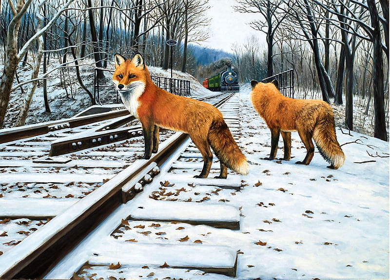 Fox Tracks F, railroad, art, locomotive, bonito, artwork, canine, animal, winter, snow, engine, painting, foxes, wide screen, wildlife, tracks, HD wallpaper