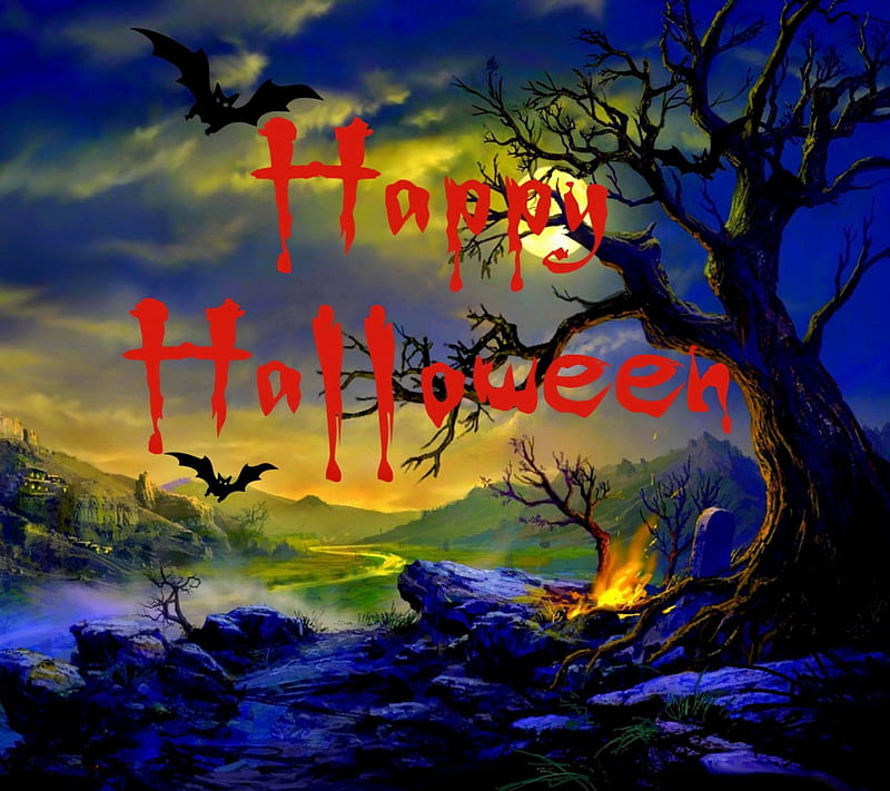 Happy Halloween, bats, halloween, bonito, abstract, sky, clouds, valley, fantasy, moon, beauty, field, light, death tree, night, HD wallpaper