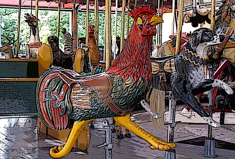 The Race Is On, rooster, chicken, merry-go-round, amusement park, amusement, theme park, entertainment, carousel, pup, animals, dog, HD wallpaper