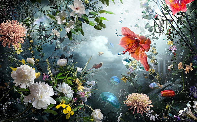 Underwater, art, flowers, abstract, HD wallpaper