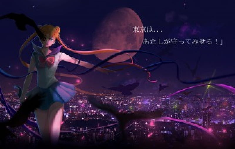 Tokyo, I will try to protect!, pretty, scenic, magic, sweet, nice, city, moon, anime, darkness, sailor moon, anime girl, scenery, realistic, sailormoon, night, female, lovely, town, girl, dark, magical, scene, HD wallpaper