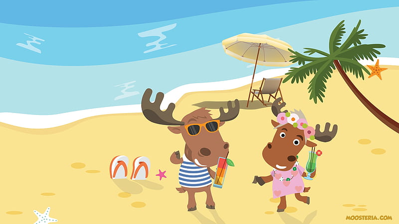 Moose at the Beach, moose, holidays, coctails, palm, summer time, animal, cute, beach, paradise, summer, cute animals, moosteria, funny, animals, HD wallpaper