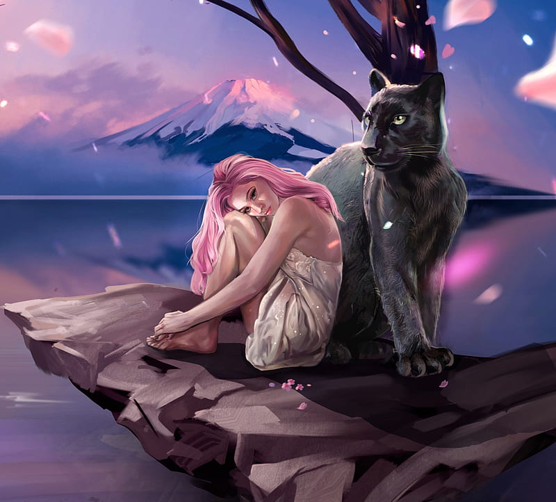 Sakura, pink, panther, fantasy, saumya singh, tree, girl, black, HD wallpaper