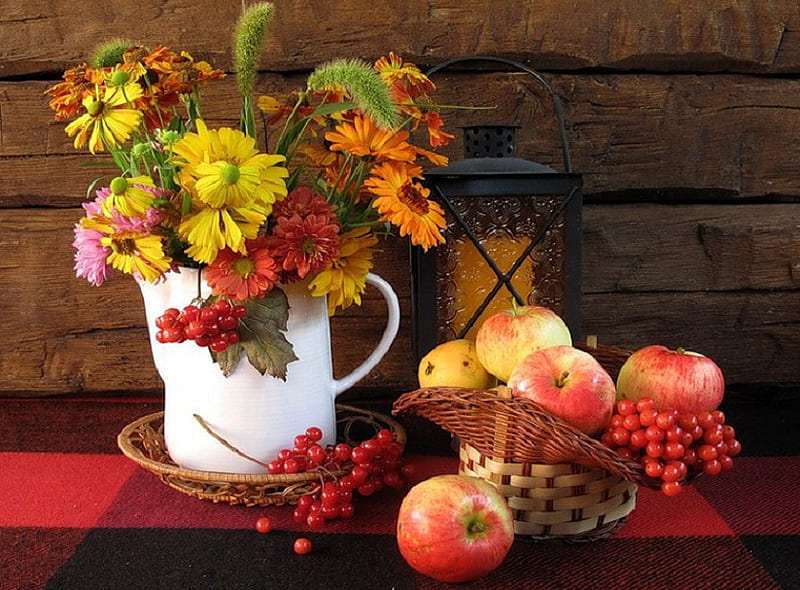 Seasonal beauty, baskets, fall, lamp, lantern, apples, fruits, vase, bonito, grapes, sunflowers, flowers, petals, HD wallpaper