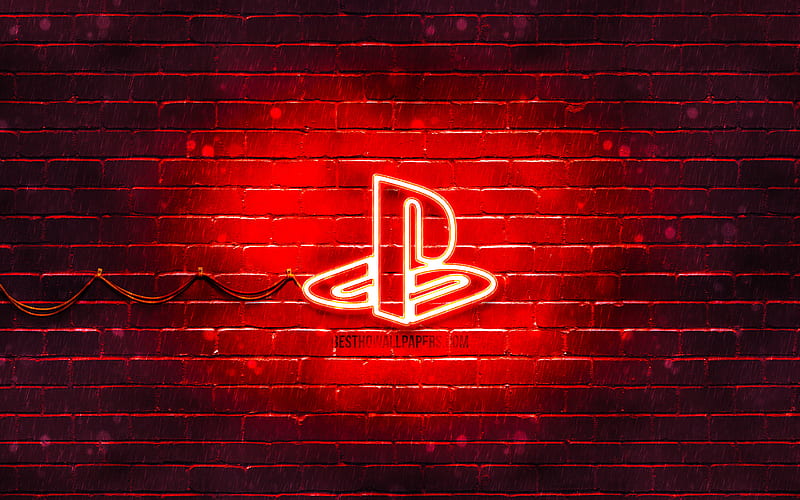 PlayStation red logo red brickwall, PlayStation logo, brands, PlayStation neon logo, PlayStation, HD wallpaper