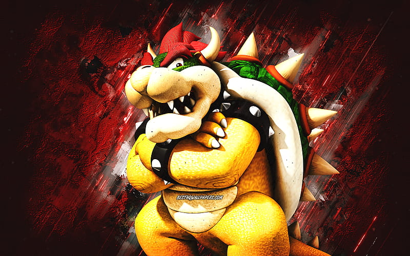 Bowser, Super Mario, Mario Party Star Rush, characters, red stone background, Super Mario main characters, Bowser Super Mario, HD wallpaper