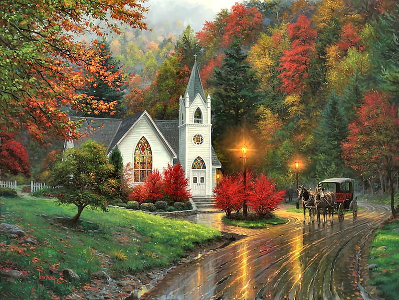 Autumn Chapel F1, architecture, art, autumn, buggy, religious, equine, bonito, church, horse, artwork, painting, wide screen, chapel, scenery, HD wallpaper