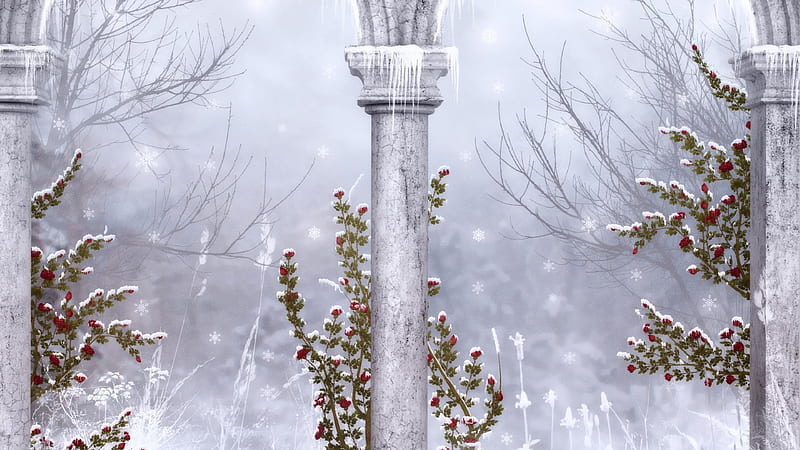 Winter, red, luminos, rose, cold, fantasy, 3D, snow, ice, flower, column, blue, HD wallpaper