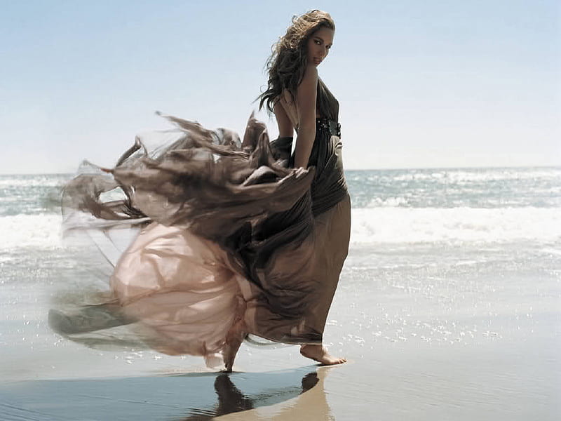 gone with the wind, beach, sand, wind, ocean, woman, HD wallpaper