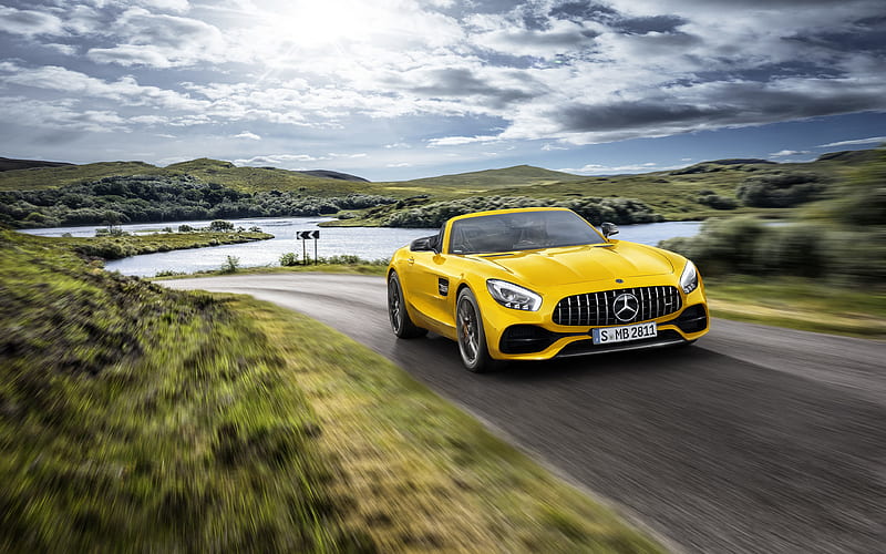 Mercedes-AMG GT S Roadster, 2019, exterior front view, racing car, new yellow GT S Roadster, German cars, yellow cabriolet, Mercedes, HD wallpaper