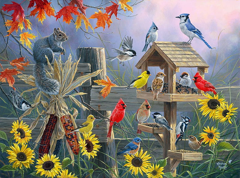 Autumn Gathering, blue jays, fence, bs, squirrel, birds, corn cobs, artwork, cardinals, chickadees, leaves, bird feeder, sunflowers, painting, HD wallpaper
