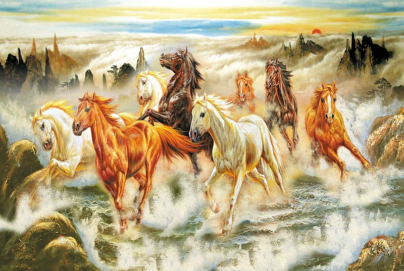 Wild horses, art, luminos, orange, horse, water, painting, summer, white, pictura, HD wallpaper