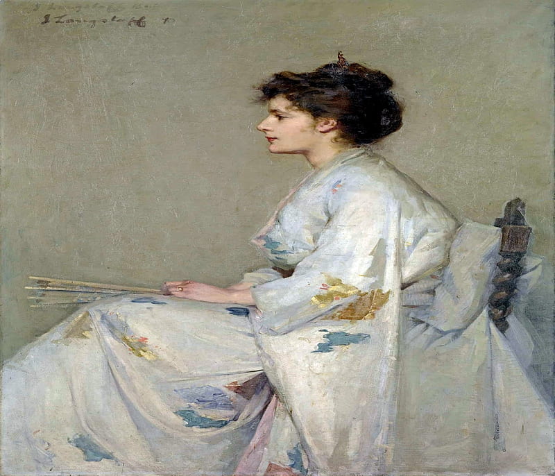 Lady In Grey 1890, Chair, Lady, Dress, Brunette, gris, Hand Fan, Woman, HD wallpaper
