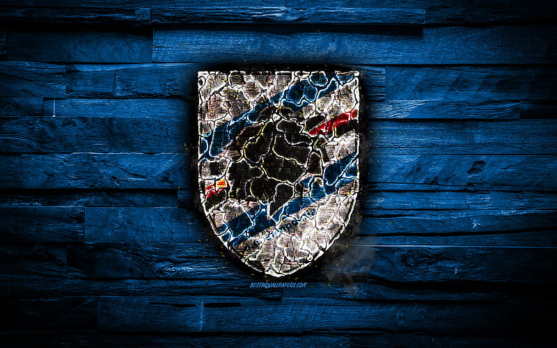 Sampdoria FC, fiery logo, Serie A, blue wooden background, italian football club, grunge, UC Sampdoria, football, soccer, Sampdoria logo, fire texture, Italy, HD wallpaper